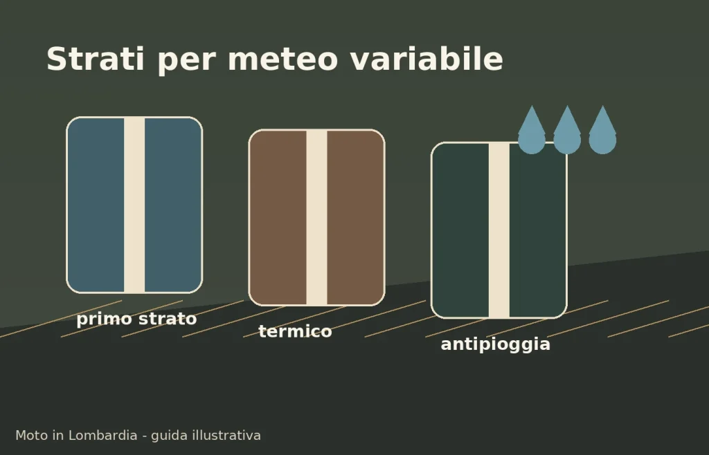 Strati tecnici da moto con giacca, maglia traspirante e antipioggia leggero