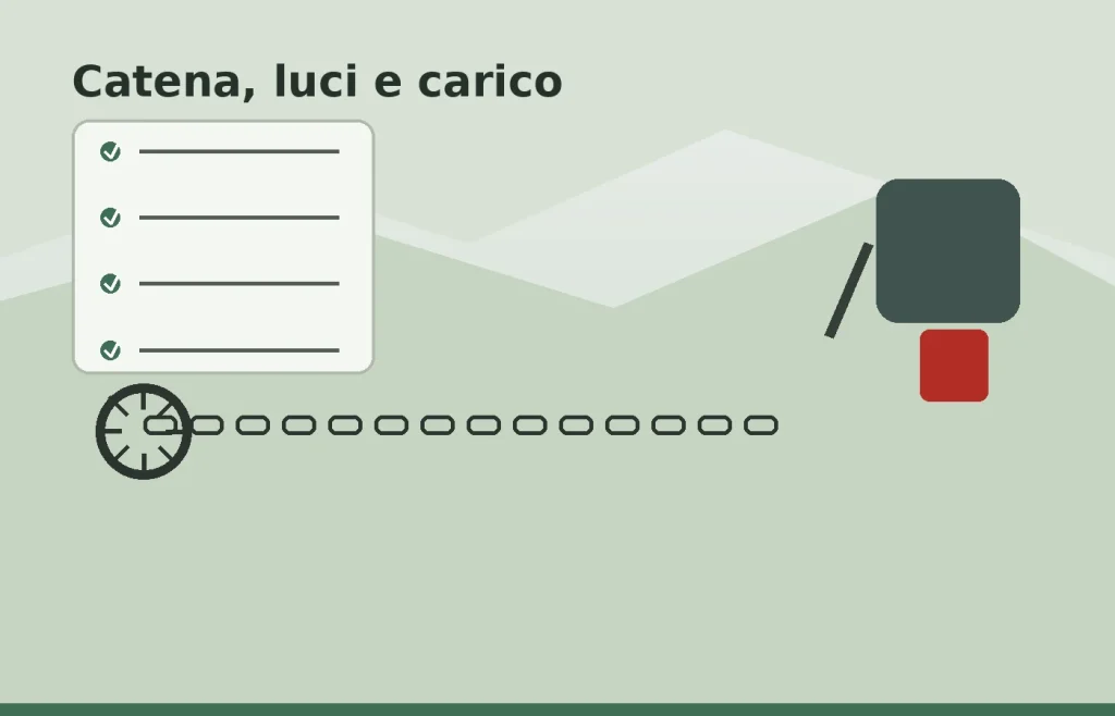 Dettaglio di catena moto, fanale posteriore e borsa laterale fissata