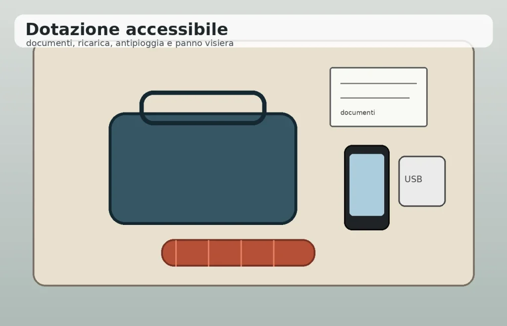Documenti, telefono, power bank e antipioggia preparati prima di un giro in moto