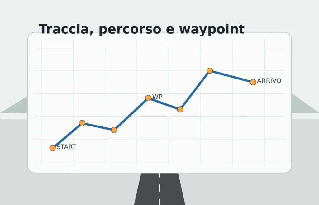 Schermo con traccia GPX e punti di passaggio per un itinerario moto