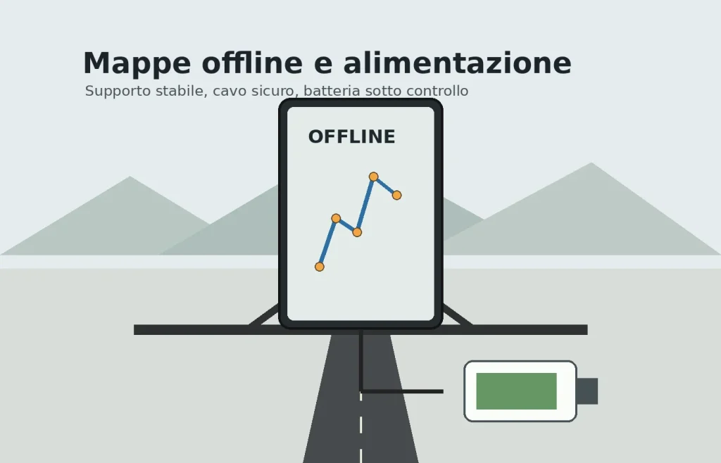 Smartphone su supporto moto con cavo di alimentazione e mappe offline