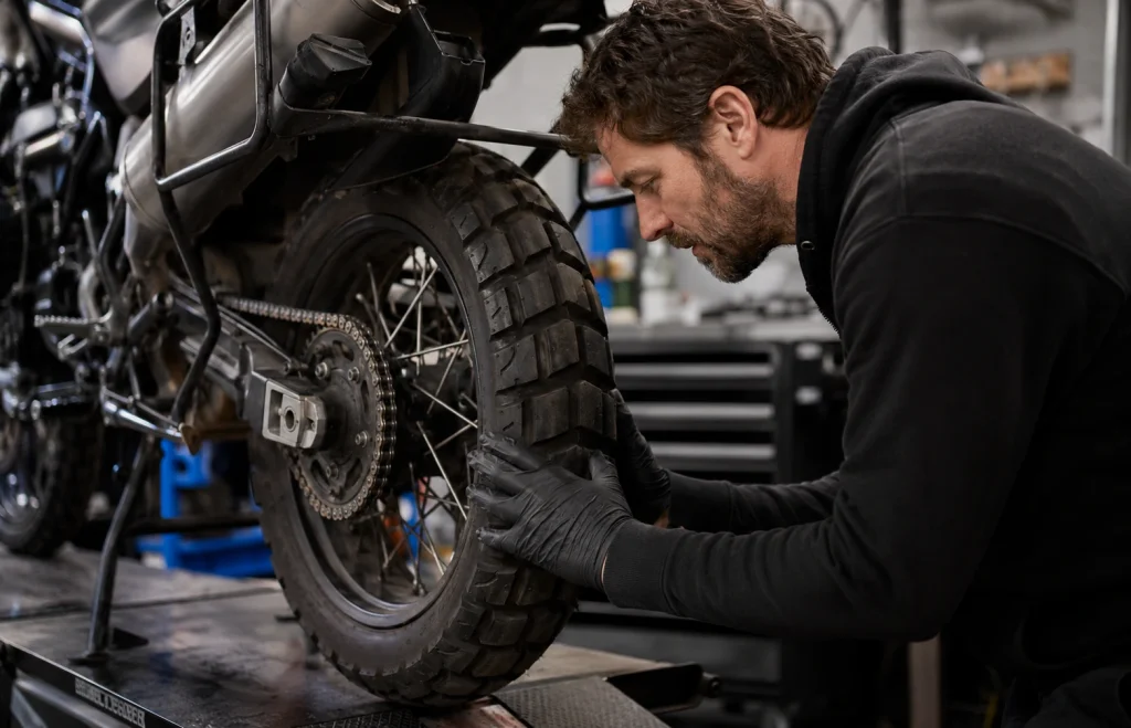 Meccanico che controlla trasmissione e ruota posteriore moto