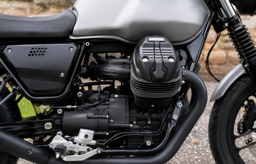 Dettaglio del motore bicilindrico di una Moto Guzzi V7