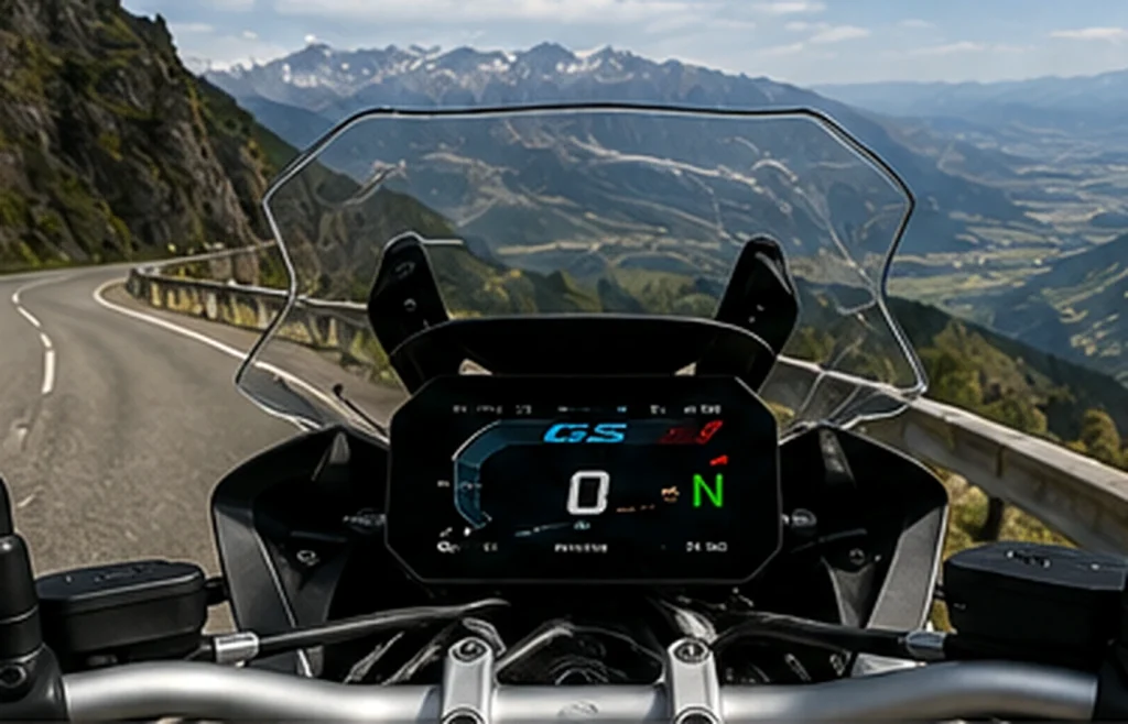 Postazione di guida di una BMW GS su una strada di montagna